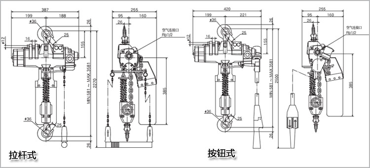 遠(yuǎn)藤ENDO EHL-TW型氣動(dòng)葫蘆尺寸